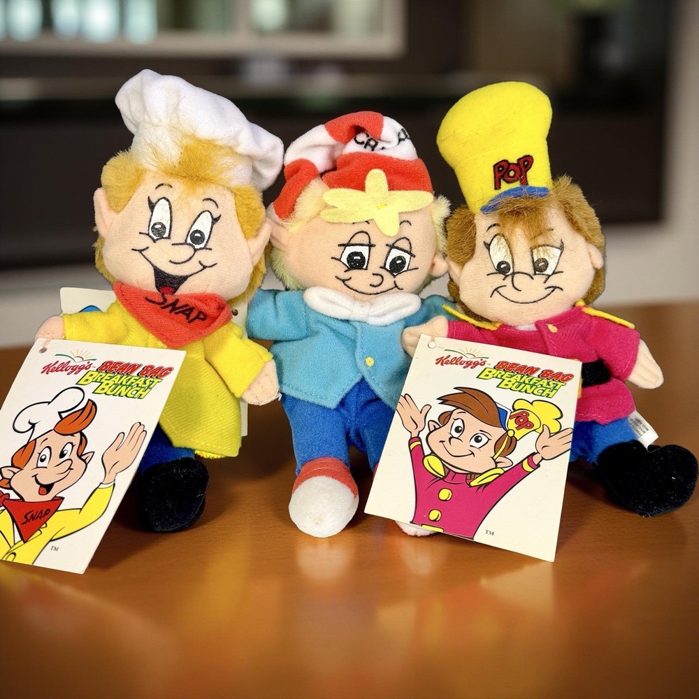 VTG Kellogg's Snap Crackle Pop Plush Bean Bag Dolls Set Vintage w/ Original Tags